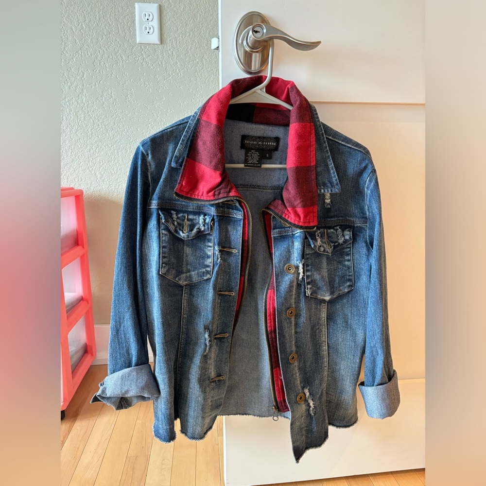 Women’s Jean Jacket with red plaid flannel lining, size S!